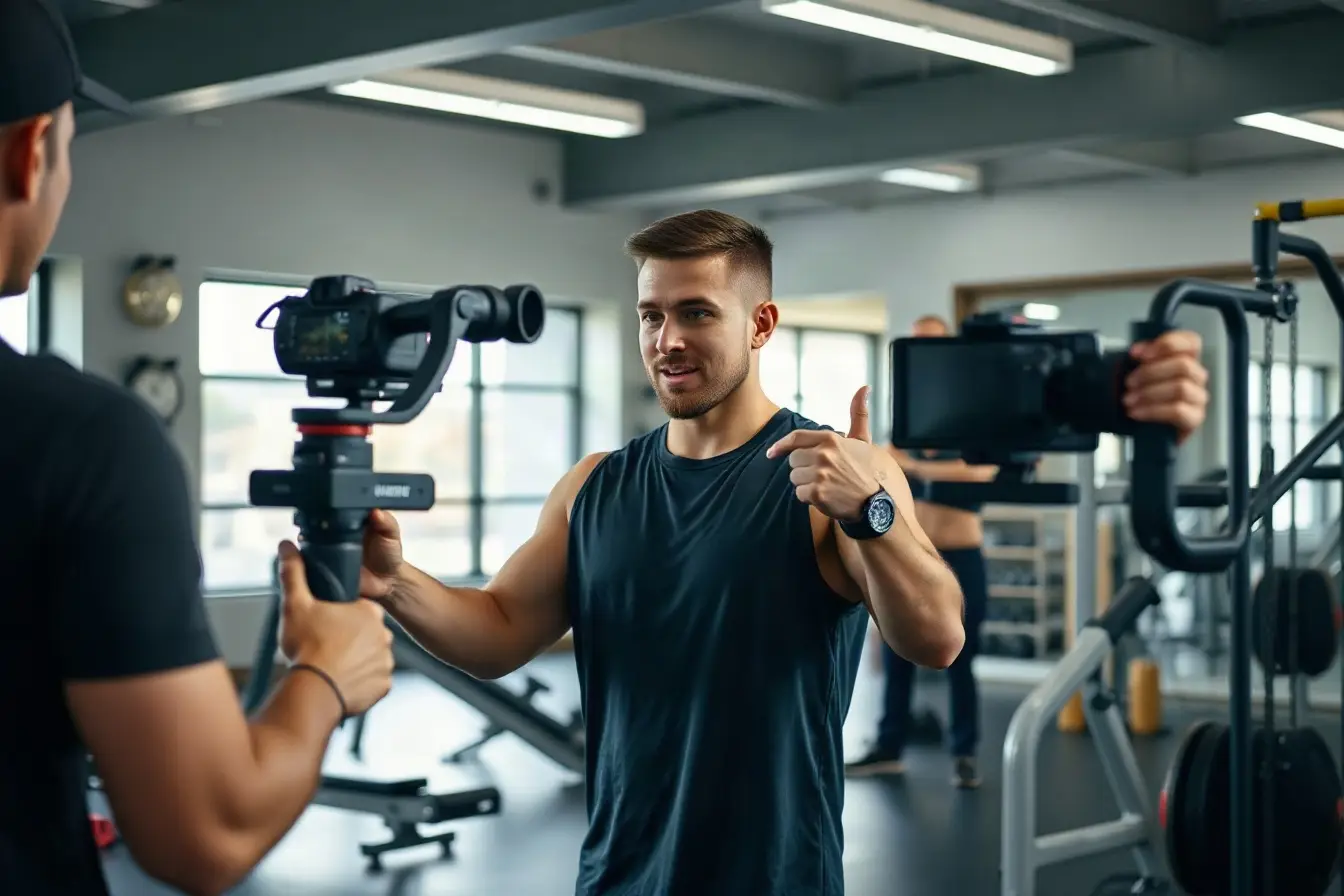 A fitness trainer being filmed for social media reels in a modern gym